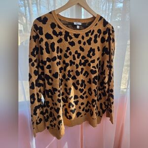 Kim Rogers Leopard Print Crewneck Sweater in Tan and Black